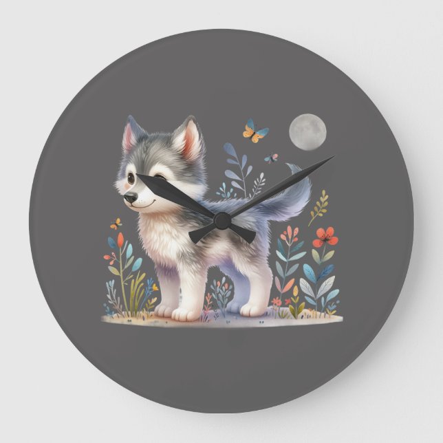 Lunar Cub - Baby Wolf Wall Clock Stor Klocka (Framsida)
