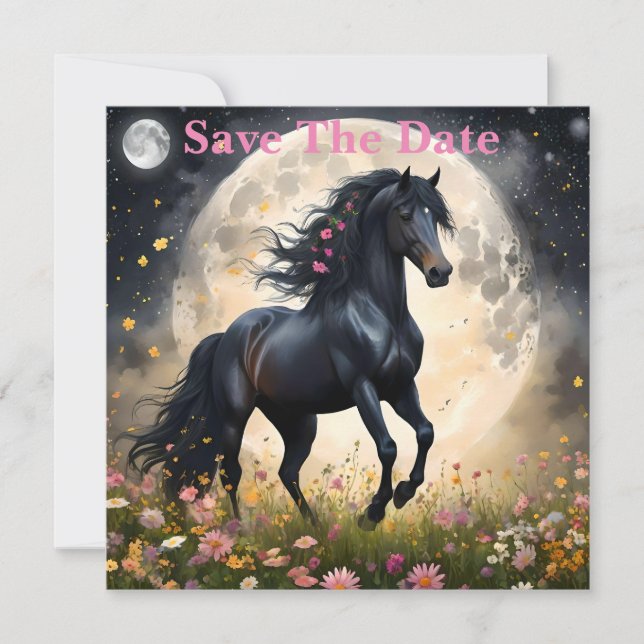 Lunar Elegance: Black Fantasy Horse med Måne Spara Datumet (Framsida)