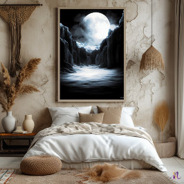 Lunar Ice Canyon – Monokrom månebelyst landskap Poster