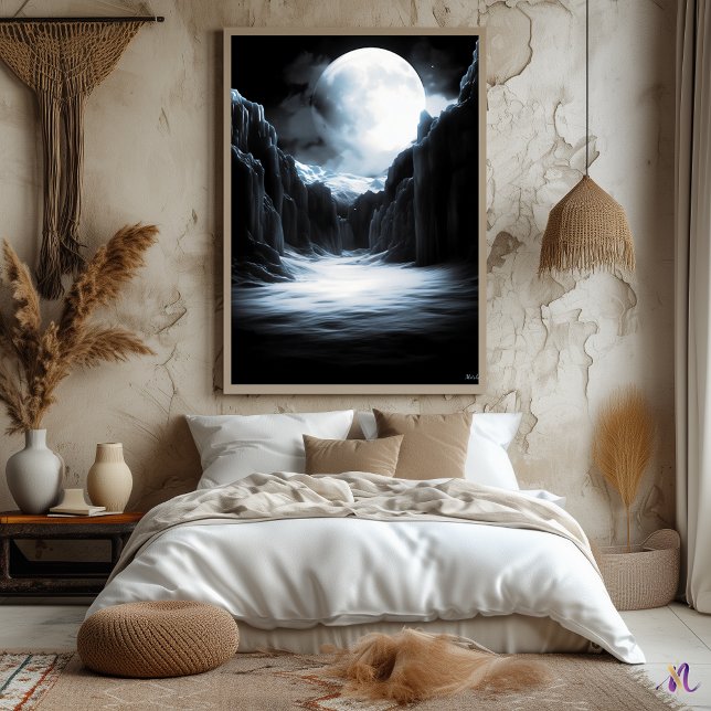 Lunar Ice Canyon – Monokrom månebelyst landskap Poster (Skapare uppladdad)