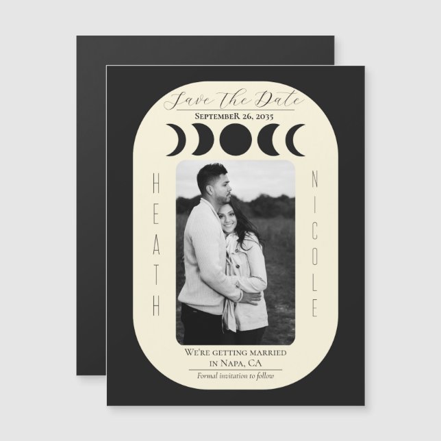 Lunar Luxe Svart & Crème Månfas Save The Date (Fram/baksida)