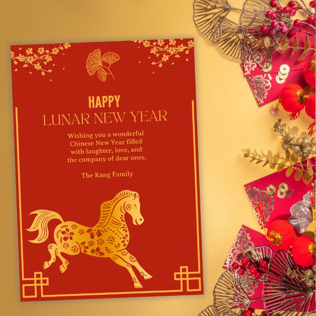 Lunar New Year Horse in Red & Gold Chinese Julkort (Elegant Red & Gold Lunar New Year Horse Card (Personalized))
