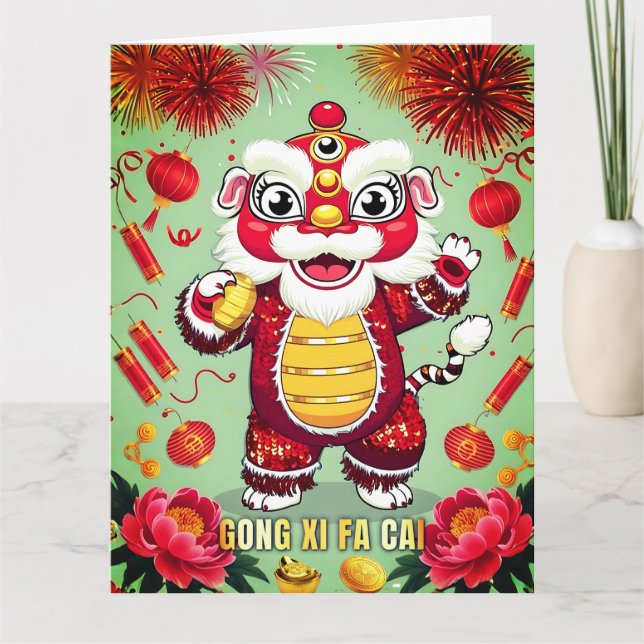Lunar New Year Lejon Dans Postkort Kort (Framsida)