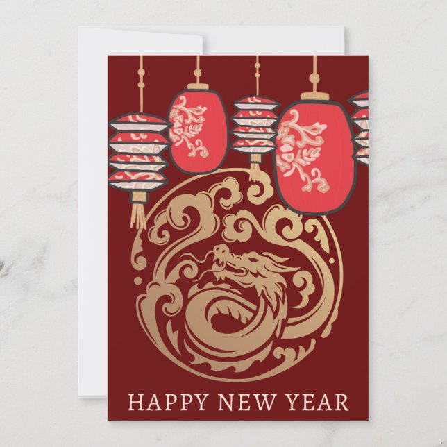 Lunar New Year Red Lantern Guld Dragon Julkort (Framsida)