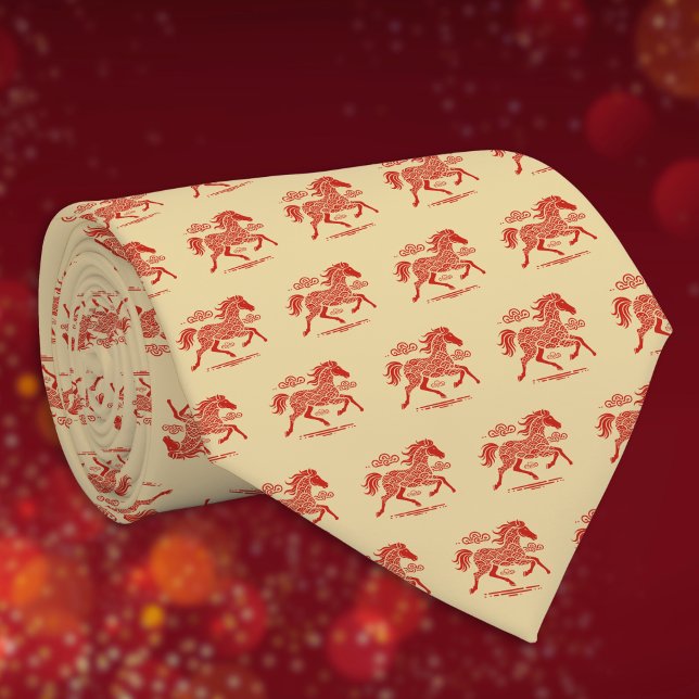 Lunar New Year Röd Häst på Moln i Guld Mönster Slips (Skapare uppladdad)