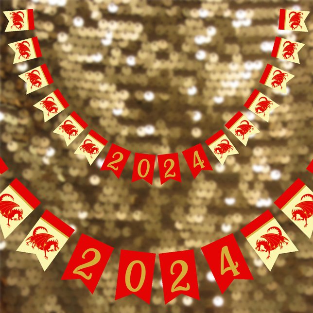 Lunar nyår 2024: Röda drakmer Roligt Party Decor Vimplar (Skapare uppladdad)