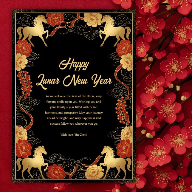 Lunar Nyår - Året för Häst Svart & Guld Julkort (Luxury 2026 Chinese New Year of the Horse Prosperity Greeting Card)