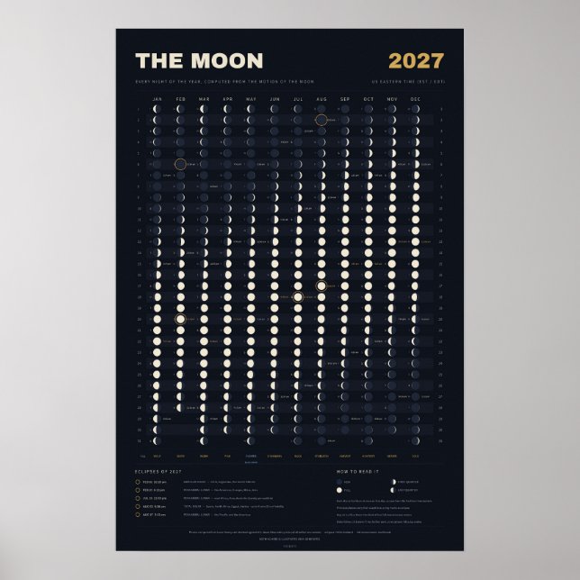 Lunarkalender 2027 - Månfaser, midnatt Poster (Framsidan)