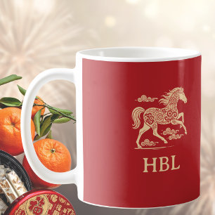 Lunary Nyår Häst År Röda Guld Initialer Kaffemugg