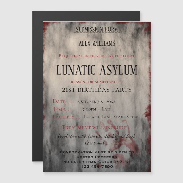 Lunatic Asylum Halloween födelsedag Magnetisk Inbjudningskort (Fram/baksida)