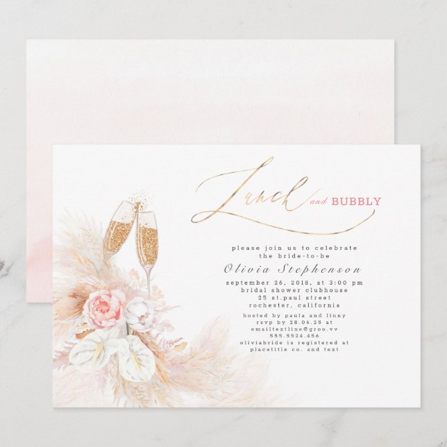 Lunch and Bubly Möhippa Pampas Grass Inbjudningar (Fram/baksida)