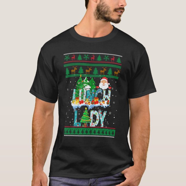 Lunch Lady Ugly Christmas Tree Santa Matching Xmas T Shirt (Framsida)