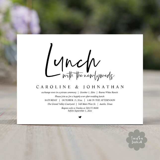 Lunch med Newlyweds, lyckligtvis allt efter Inbjudningar (Lunch with the Newlyweds, Happily Ever After Modern Minimalist Invitation Card PDF Black White)