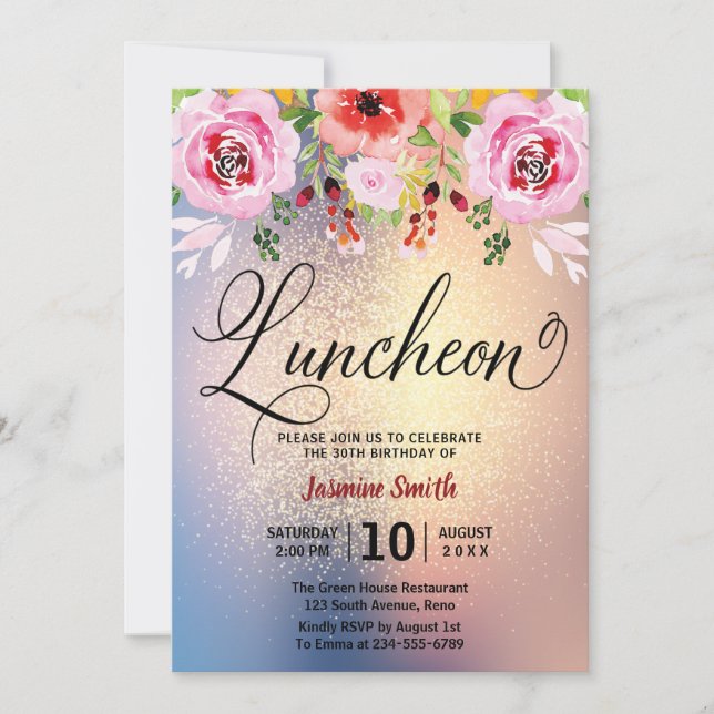 Luncheon Blommigt Guld Glitter födelsedagen Inbjudningar (Framsida)