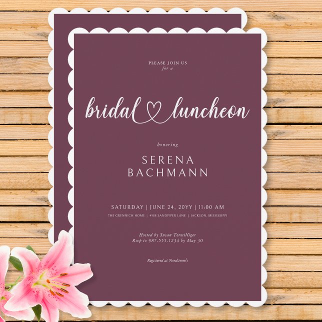 Luncheon för modern romsk minimal Burgundy-Möhippa Inbjudningar (Modern Romantic Minimal Burgundy Bridal Luncheon Invitation)