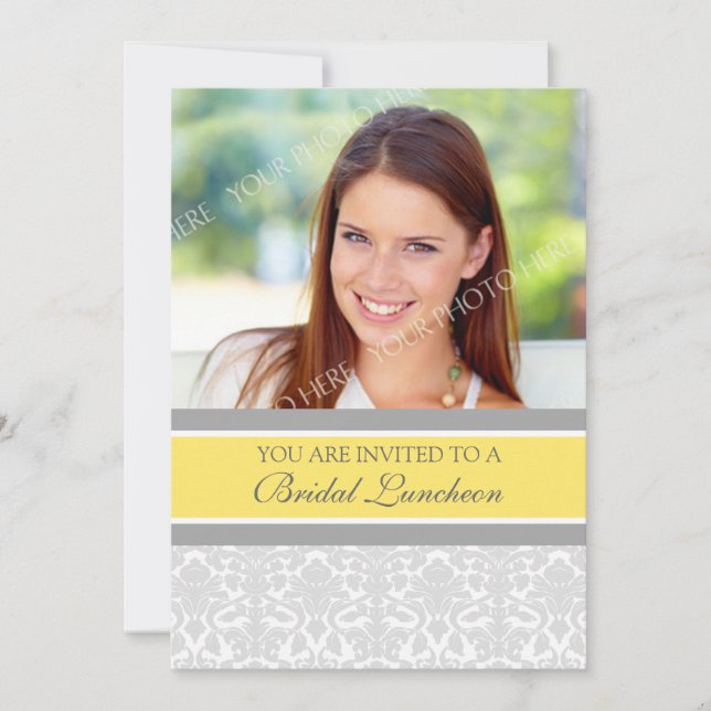 Luncheon-inbjudan till Lemon Grått Damask Photo Mö Inbjudningar (Framsida)