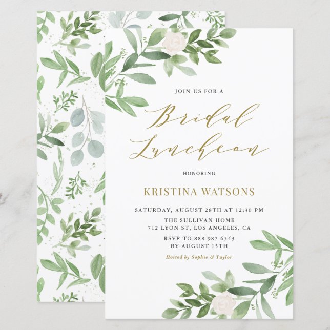 Luncheon-inbjudan till vit blomma och grön Möhippa (Fram/baksida)