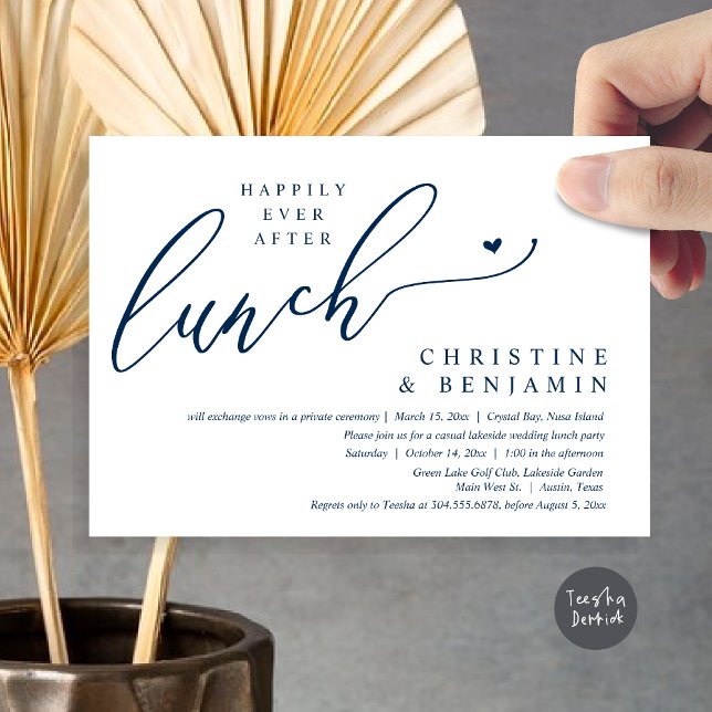 Lunchfirande efter ett kärleksfullt bröllop på ann inbjudningar (Happily ever After Lunch Invitation Card, PDF, Post Wedding Elopement, In Navy Blue)
