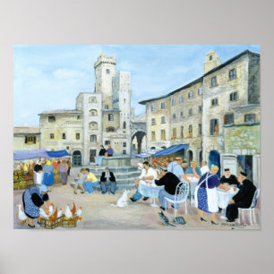 Lunchtime i en marknadsföra kvadrerar Tuscany Poster