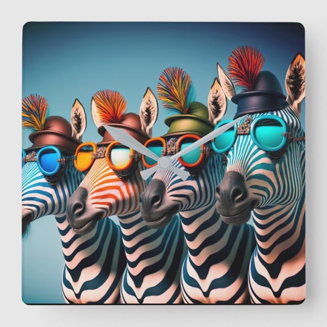 Lunda Zebröder Cute Zoo Animals Party Hats Glass Fyrkantig Klocka (Framsida)