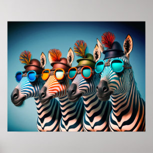 Lunda Zebröder Cute Zoo Animals Party Hats Glass Poster
