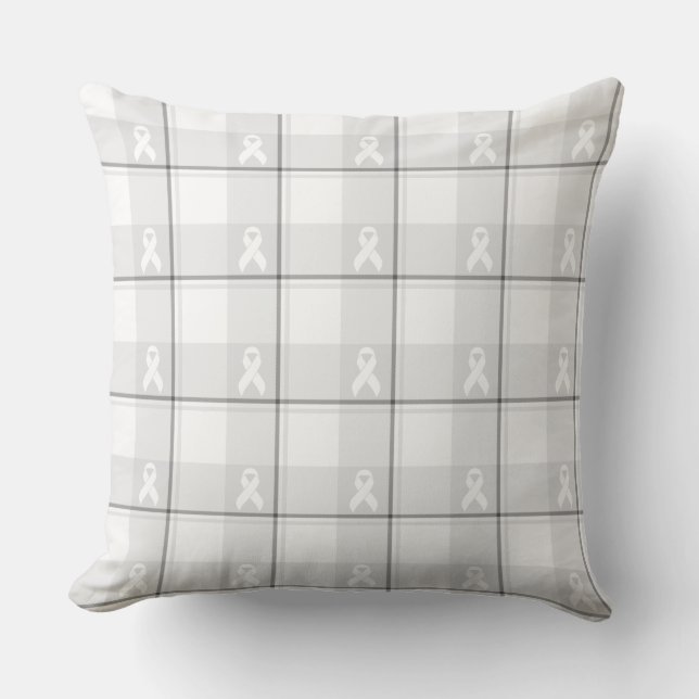 Lung Cancer Awareness Plaid White Ribbon Kudde (Framsida)