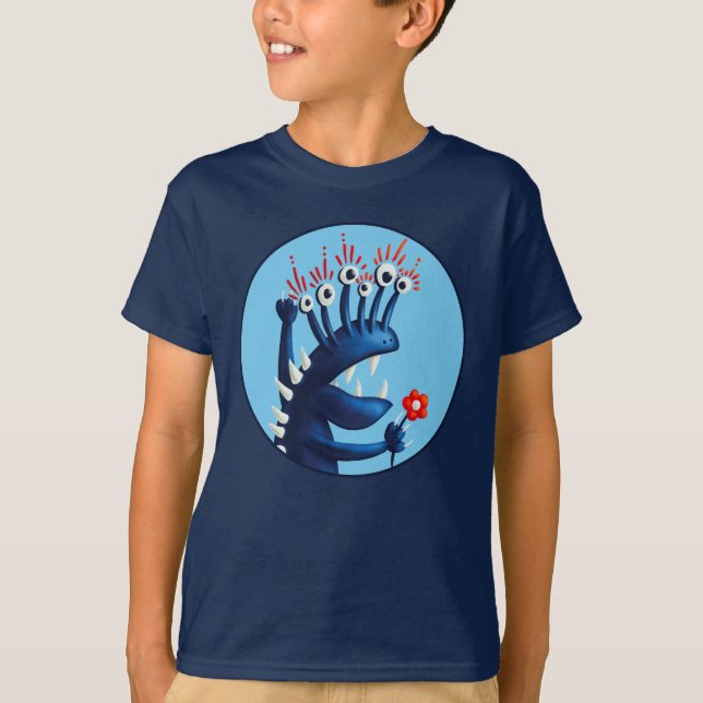 Lungande monster Flower Blue Kids T Shirt (Framsida)