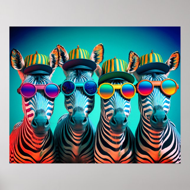 Lungande Zebröder Cute Zoo Animals Hats Glass Poster (Framsidan)