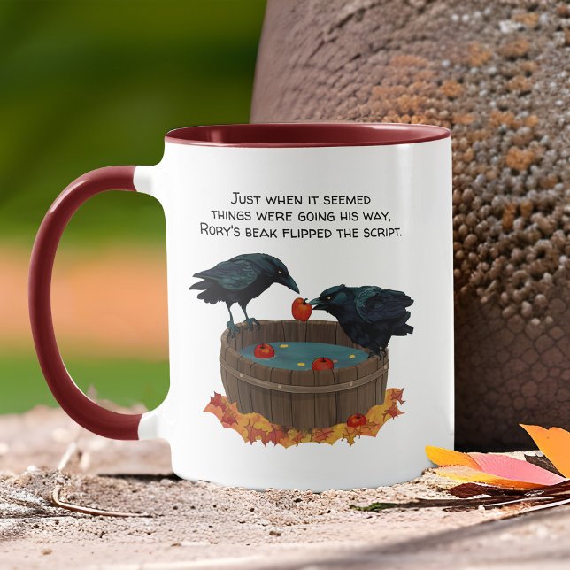 Lungblommiga Kråkor som Bobning for Apples Autumn  Mugg (Funny Fall crows bobbing for apples, an Autumn bird comic for lovers of country critters)