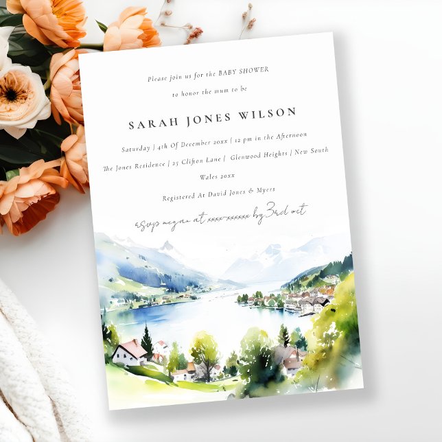 Lungern Schweiz Akvarell Baby Shower Inbjudningar (Skapare uppladdad)
