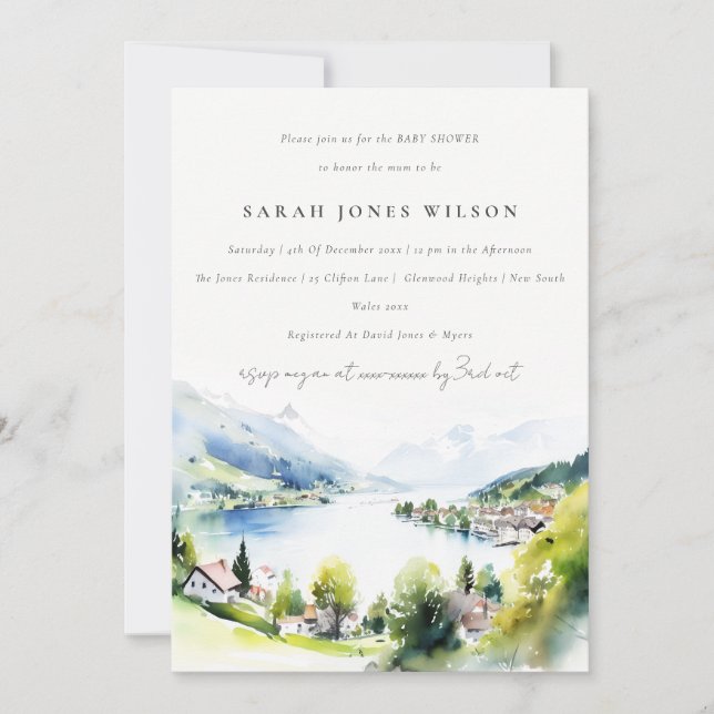 Lungern Schweiz Akvarell Baby Shower Inbjudningar (Framsida)