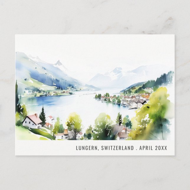 Lungern Switzerland Watercolor Landscape Travel Helg Vykort (Framsida)