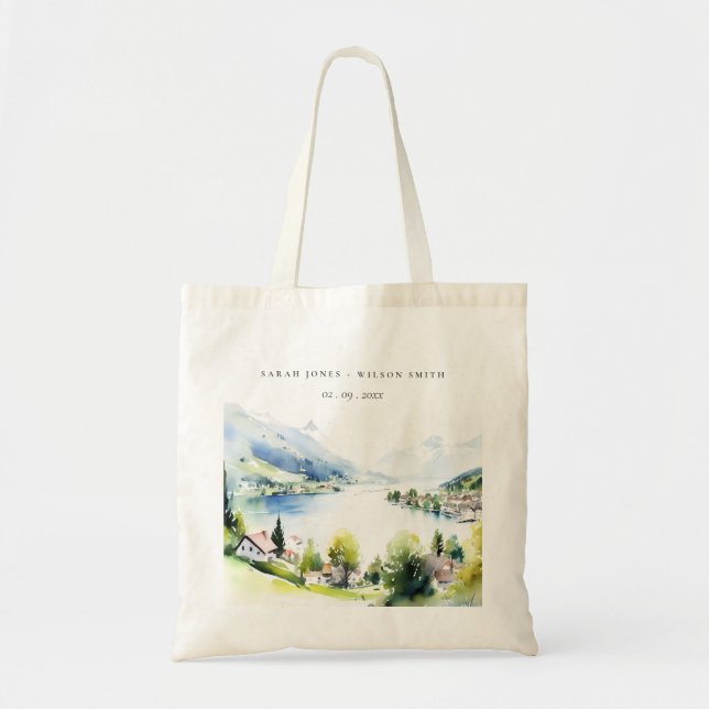 Lungern Switzerland Watercolor Landscape Wedding Tygkasse (Framsidan)