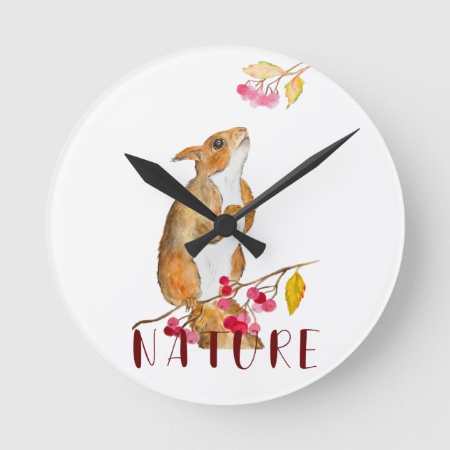 Lungfärgsekorre på gren med bär rund klocka (Framsida)