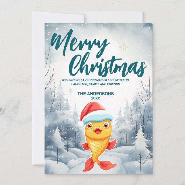 Lungfisk av guld God jul träd snö Julfest Julkort (Framsida)