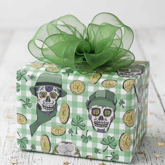 Lungny n'Festive Grönt Irish Sugar Döskallars & My Presentpapper (Irish Wrapping Paper for Saint Patrick's Day. Modern Irish Sugar Skulls,  Lucky Shamrock, Gold Coins)
