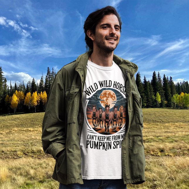 Lungny Pumpkin Spice Season Meme Vild Horses T Shirt (young man on a sunny autumn day in forest field with fall aspen trees turning golden behind him)