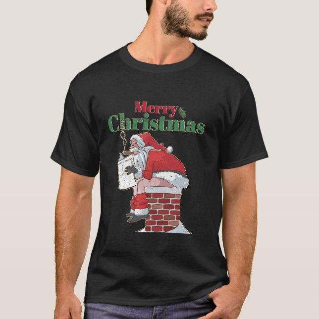 Lungny Santa Pooping Down Skorsten Julafton Tee Ch (Framsida)
