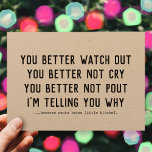 Lunj Jultomten kommer att äga Kraft Julafton Julkort<br><div class="desc">I vintage är stil pappra hälsningskort med ett stygt ord en mall stil så att alla textrutor lätt kan redigeras: "DU BÄTTRE WATCH OUT - DU BÄTTRE NOT GRÅTER - DU BÄTTRE INTE POUT - JAG SÄGER VARFÖR - ... Eftersom tomten hatar lille b!tche$." står det på baksidan "hoppas att...</div>