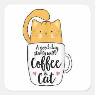 Lunj Orange Cat Coffee Mugg Cat Lover Fyrkantigt Klistermärke