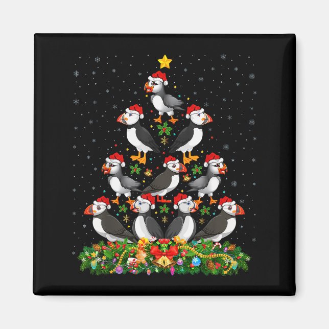 Lunnefågel Xmas Träd Gåva Tomtehatt Lunnefågel Jul Magnet (Framsidan)