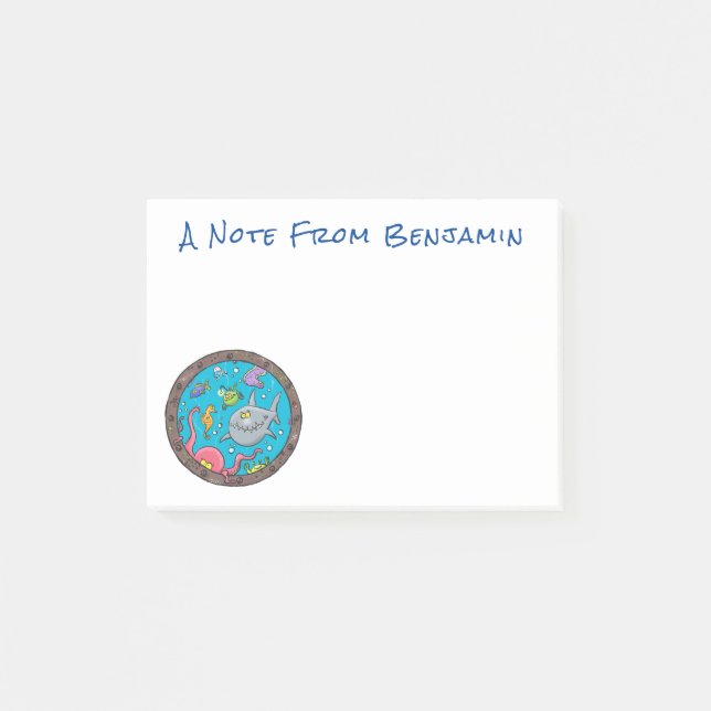 Luntiga havslevande varelser under tecknaden teckn post-it block (Framsida)