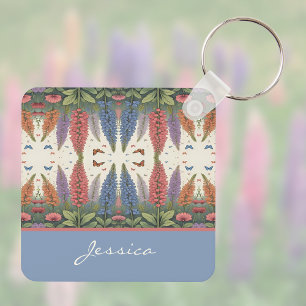 Lupine Flowers n Butterflies Vintage Monogram Nyckelring