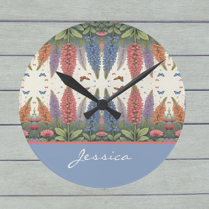 Lupine Flowers n Butterflies Vintage Monogram Rund Klocka