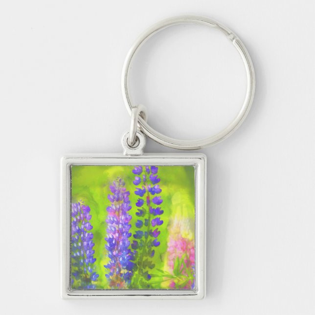 Lupine Painting - Originalfärgsbild Fyrkantig Silverfärgad Nyckelring (Framsidan)