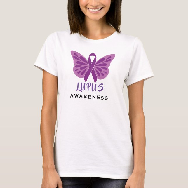 Lupus Awareness Lila Ribbon Butterfly T Shirt (Framsida)