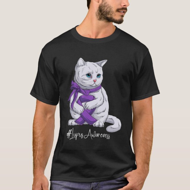 Lupus Awareness Month Lila Ribbon Cat T Shirt (Framsida)