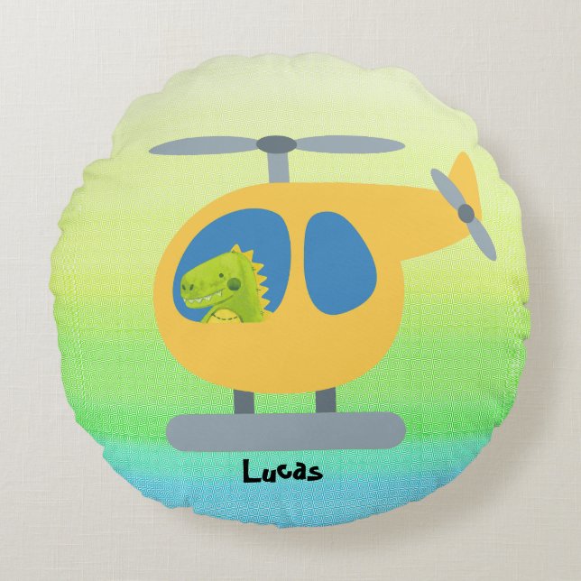 Lusande dinosaurihelikopter med gult party rund kudde (Framsidan)