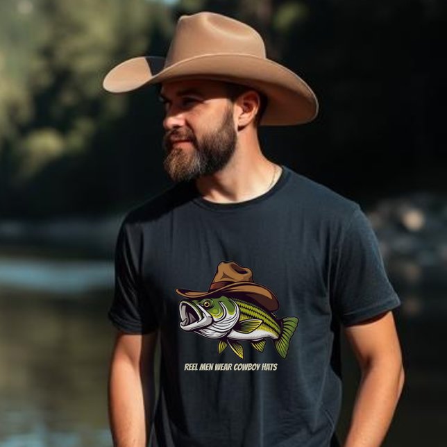 Lusande fisk som bar en Cowboy Hat-T-Shirt T Shirt (Bass Fish with a Cowboy Hat, Fisherman Style Fathers Day Birthday For him)