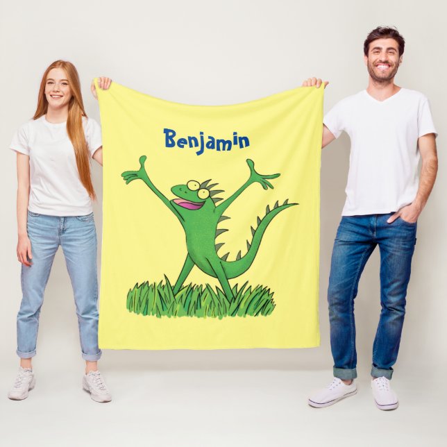 Lusande grönt leende animerad iguana lizard fleecefilt (På plats)